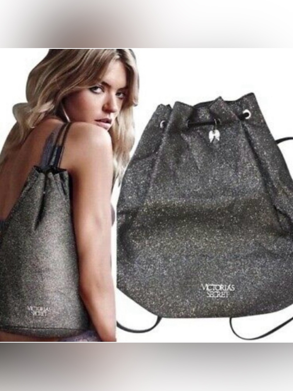 Victoria's Secret VS Bucket
Backpack Black Silver Glitter
Drawstring Tote Bag